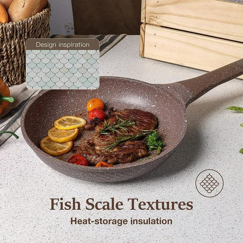 [Official] CAROTE 10Pcs Nonstick Cookware Sets, Brown Granite Pans and Pots Set, Induction Stone Kitchen Cooking Set Ceramic Frying Frying Pan Lid