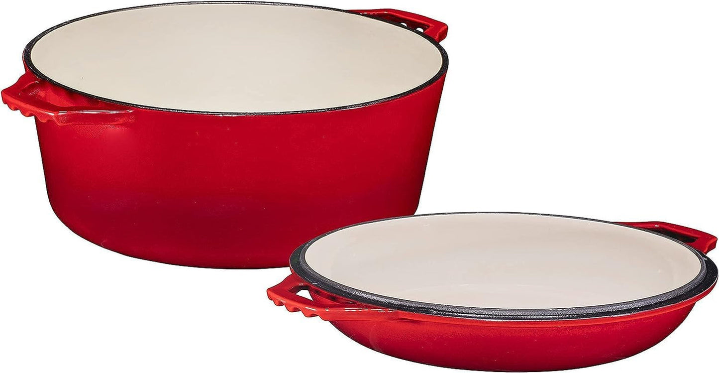 Bruntmor 2-in-1 Enamel Cast Iron Dutch Oven with Skillet Lid - 7 Quart Red Cookware for Casseroles and Braising