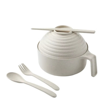 5-Piece Wheat Straw Multifunctional Dinnerware Set with Lid, Spoon, Fork, and Chopsticks - Microwavable Anti-Hot Bowls