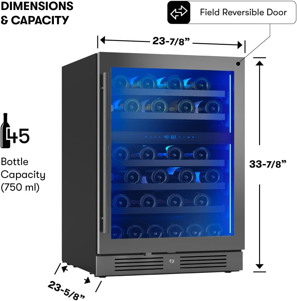 Zephyr Presrv 24" Dual Zone Wine Fridge - Stylish Mini Cooler for 45 Bottles, Perfect for Home Bar and Countertop Use, Freestanding with Elegant Glass Door