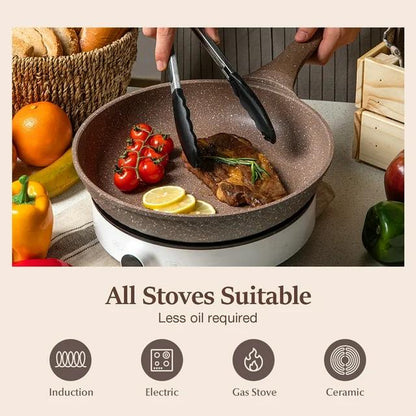 [Official] CAROTE 10Pcs Nonstick Cookware Sets, Brown Granite Pans and Pots Set, Induction Stone Kitchen Cooking Set Ceramic Frying Frying Pan Lid