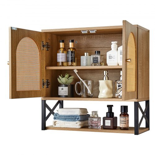 Bathroom Wall Cabinet, with 2 Doors and Adjustable Shelf, Over the Toilet Storage Medicine Cabinet Wall Mounted, Hanging Organizer with Shelves & Open Partition for Laundry Room Kitchen Restroom