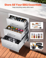 Outdoor Kitchen Drawers 18.11" W x 23.23" D x 23.23" H, Triple-Access Stainless Steel Modular Drawer Cabinet with Handles, BBQ Island Drawer for Outdoor Kitchen or BBQ Island Patio Grill Station
