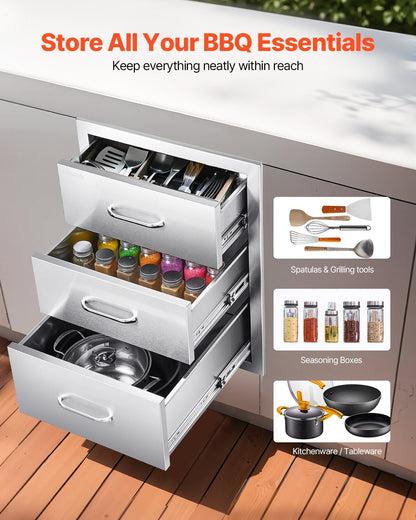 Outdoor Kitchen Drawers 18.11" W x 23.23" D x 23.23" H, Triple-Access Stainless Steel Modular Drawer Cabinet with Handles, BBQ Island Drawer for Outdoor Kitchen or BBQ Island Patio Grill Station