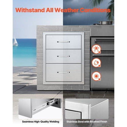 Outdoor Kitchen Drawers 18.11" W x 23.23" D x 23.23" H, Triple-Access Stainless Steel Modular Drawer Cabinet with Handles, BBQ Island Drawer for Outdoor Kitchen or BBQ Island Patio Grill Station