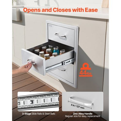 Outdoor Kitchen Drawers 18.11" W x 23.23" D x 23.23" H, Triple-Access Stainless Steel Modular Drawer Cabinet with Handles, BBQ Island Drawer for Outdoor Kitchen or BBQ Island Patio Grill Station