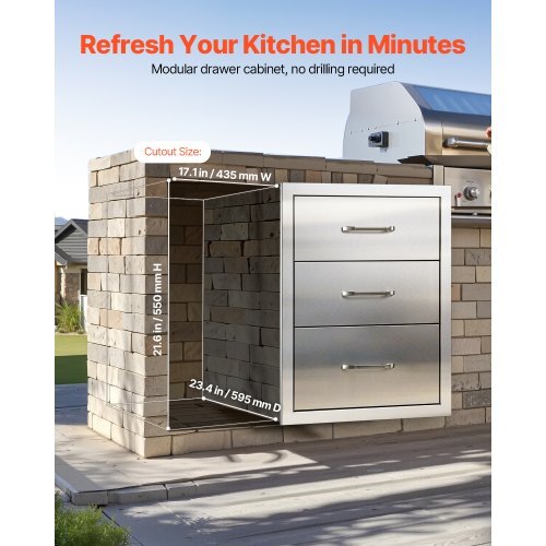 Outdoor Kitchen Drawers 18.11" W x 23.23" D x 23.23" H, Triple-Access Stainless Steel Modular Drawer Cabinet with Handles, BBQ Island Drawer for Outdoor Kitchen or BBQ Island Patio Grill Station