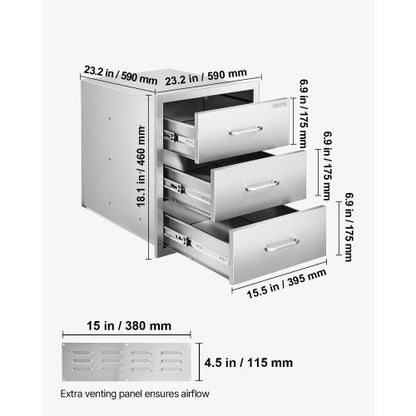 Outdoor Kitchen Drawers 18.11" W x 23.23" D x 23.23" H, Triple-Access Stainless Steel Modular Drawer Cabinet with Handles, BBQ Island Drawer for Outdoor Kitchen or BBQ Island Patio Grill Station