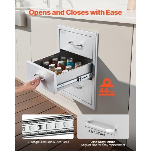 Outdoor Kitchen Drawers 18.11"W x 23.23"D x 23.23"H, Triple-Access Stainless Steel BBQ Drawers with Handles, BBQ Island Drawer for Outdoor Kitchens or Barbeque Island Patio Grill Station