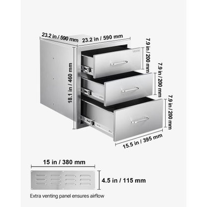 Outdoor Kitchen Drawers 18.11"W x 23.23"D x 23.23"H, Triple-Access Stainless Steel BBQ Drawers with Handles, BBQ Island Drawer for Outdoor Kitchens or Barbeque Island Patio Grill Station