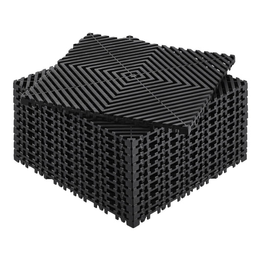 Interlocking Drainage Mat, 12 x 12 Modular Interlocking Cushion, 12 Pcs Splicing Drainage Mats, Non-Slip Black PP Drainage Floor Tile and Shower Mat, for Garage, Garden, Kitchen & Outdoor