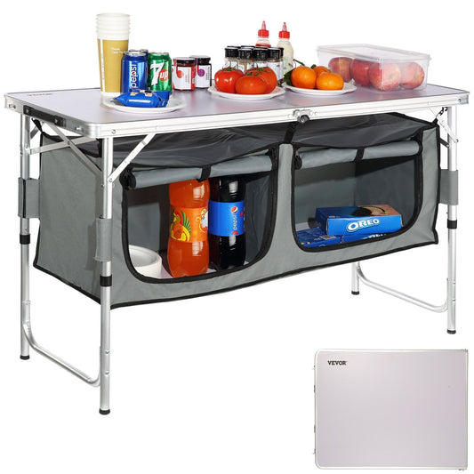 Camping Kitchen Table, Quick set-up Folding Camping Table with A Carrying Bag, 3 Adjustable Heights, MDF Camping Table, Ideal for Outdoor Picnics, BBQs, Camping, RV Traveling