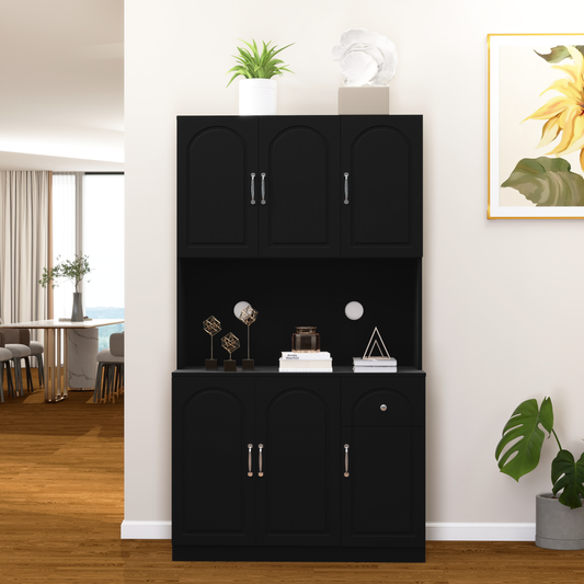 71" Kitchen Pantry Storage Cabinet with Microwave Oven Countertop - Modern Design, Ample Storage Space - Freestanding Hutch Cabinet, Adjustable Shelves, 6 Doors and 1 Drawer-Black