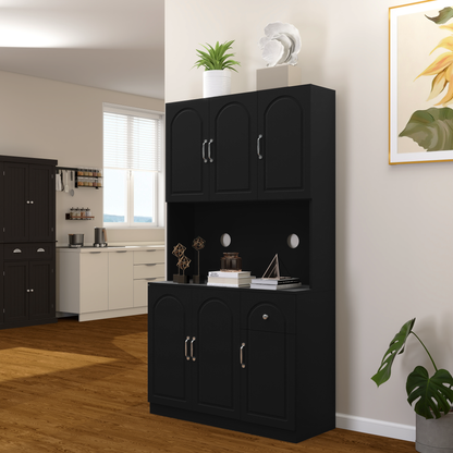 71" Kitchen Pantry Storage Cabinet with Microwave Oven Countertop - Modern Design, Ample Storage Space - Freestanding Hutch Cabinet, Adjustable Shelves, 6 Doors and 1 Drawer-Black