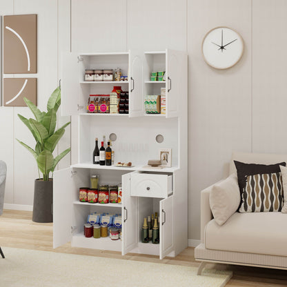 71" Kitchen Pantry Storage Cabinet with Microwave Oven Countertop - Stylish and Spacious White Hutch Cabinet with Adjustable Shelves - Ideal for Organizing Your Kitchen