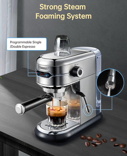 1450W Automatic Coffee Machine Capsule + Coffee Powder + Milk Foam 19Bar Extraction Mocha 3 in 1 | Half Espresso 1 Cup/2 Cup | Electronic Button | Powder Hammer | 51mm Steam with Bubbler