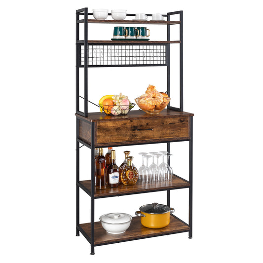 5-Tier Kitchen Bakers Rack with 10 S-Shaped Hooks and 1 Drawer - Rustic Brown | Multifunctional Microwave Oven Stand and Storage Shelf Organizer | Free Standing Kitchen Utility Cart