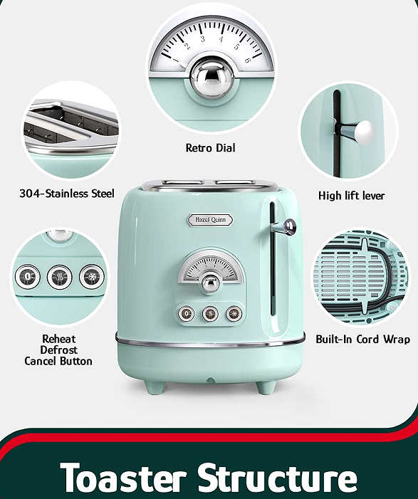 2-Slice Toaster SUS304 Food Grade 6 Browning Levels | Stylish High Lift Bar | Mint Green | Wide Slot | Thaw/Reheat/Cancel Functions