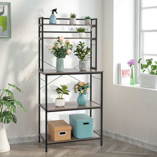 5-Tier Kitchen Bakers Rack with Hooks - Rustic Gray | Microwave Stand, Storage Shelf Organizer, Free Standing Utility Cart