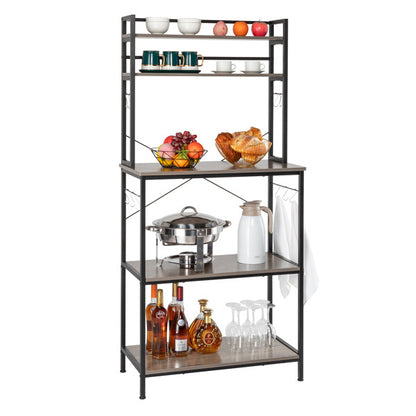 5-Tier Kitchen Bakers Rack with Hooks - Rustic Gray | Microwave Stand, Storage Shelf Organizer, Free Standing Utility Cart