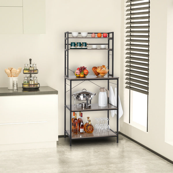 5-Tier Kitchen Bakers Rack with Hooks - Rustic Gray | Microwave Stand, Storage Shelf Organizer, Free Standing Utility Cart