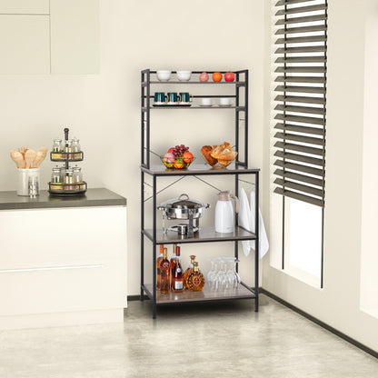 5-Tier Kitchen Bakers Rack with Hooks - Rustic Gray | Microwave Stand, Storage Shelf Organizer, Free Standing Utility Cart