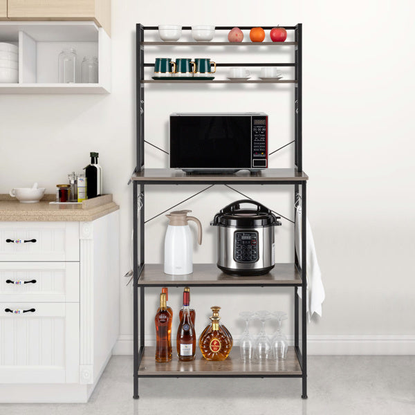 5-Tier Kitchen Bakers Rack with Hooks - Rustic Gray | Microwave Stand, Storage Shelf Organizer, Free Standing Utility Cart