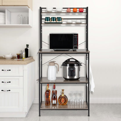 5-Tier Kitchen Bakers Rack with Hooks - Rustic Gray | Microwave Stand, Storage Shelf Organizer, Free Standing Utility Cart