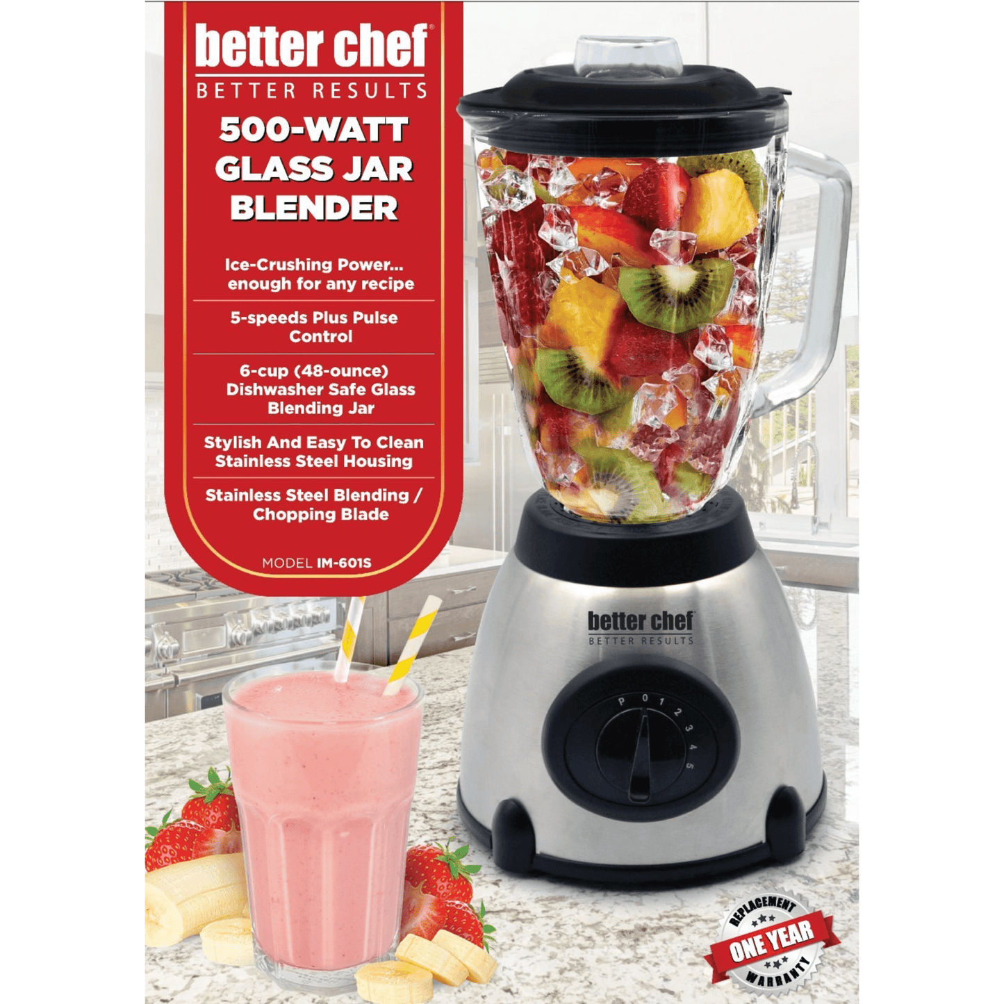 Better Chef 500W 5-Speed Glass Jar Blender with Stainless Steel Base - Powerful and Versatile Blender for Smoothies and More