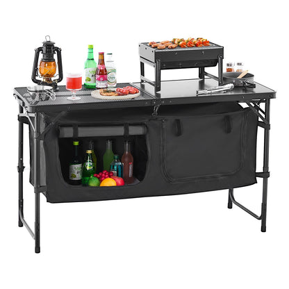 Camping Kitchen Table, Folding Outdoor Cooking Table, 3 Adjustable Heights, Aluminum Lightweight Portable Cook Station with Storage Organizer, Carry Handle, for BBQ Party Picnic RV Travel, Black