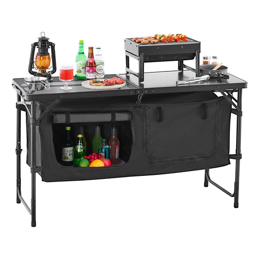 Camping Kitchen Table, Folding Outdoor Cooking Table, 3 Adjustable Heights, Aluminum Lightweight Portable Cook Station with Storage Organizer, Carry Handle, for BBQ Party Picnic RV Travel, Black