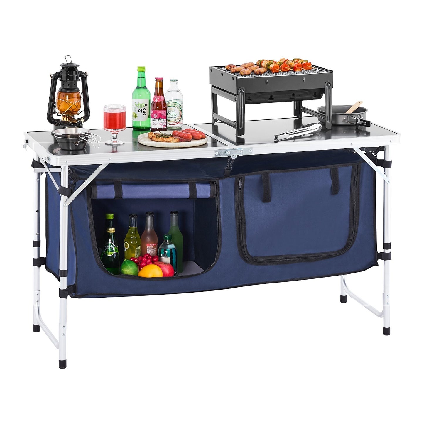 Camping Kitchen Table, Folding Outdoor Cooking Table, 3 Adjustable Height, Aluminum Lightweight Portable Cook Station with Storage Organizer, Carry Handle, for BBQ Party Picnic RV Travel, Blue
