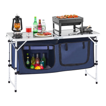 Camping Kitchen Table, Folding Outdoor Cooking Table, 3 Adjustable Height, Aluminum Lightweight Portable Cook Station with Storage Organizer, Carry Handle, for BBQ Party Picnic RV Travel, Blue