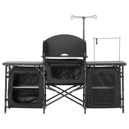 Camping Kitchen Table, Outdoor Camp Cooking Table, Aluminum Portable Cook Station with Storage Cupboard, Carrying Bag, Detachable Windscreen, Quick Set-up for BBQ Party Picnic RV Travel, Black