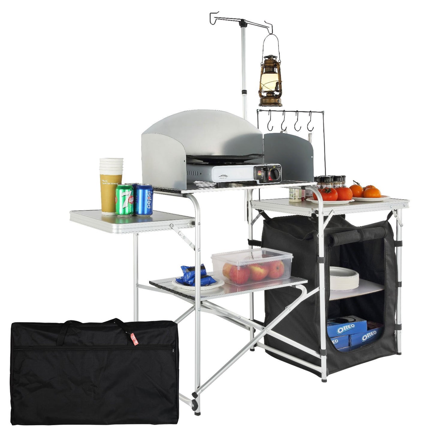 Camping Kitchen Table, Folding Outdoor Cooking Table with Storage Carrying Bag, Aluminum Cook Station 1 Cupboard & Detachable Windscreen, Quick Set-up for Picnics, BBQ, RV Traveling, Black