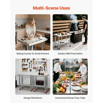 Stainless Steel Table, 24 x 30 Inches Food Prep Worktable with Wheels, Kitchen Prep Table with Adjustable Undershelf Workstations for Commercial Kitchen, Restaurant, Hotel and Garage, Outdoor