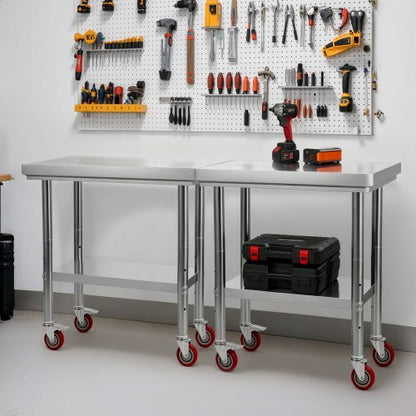 Stainless Steel Table, 24 x 30 Inches Food Prep Worktable with Wheels, Kitchen Prep Table with Adjustable Undershelf Workstations for Commercial Kitchen, Restaurant, Hotel and Garage, Outdoor