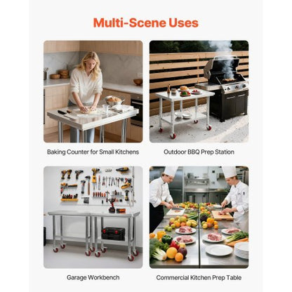 Stainless Steel Table, 24 x 35.4 Inches Food Prep Worktable with Wheels, Kitchen Prep Table with Adjustable Undershelf Workstations for Commercial Kitchen, Restaurant, Hotel and Garage, Outdoor