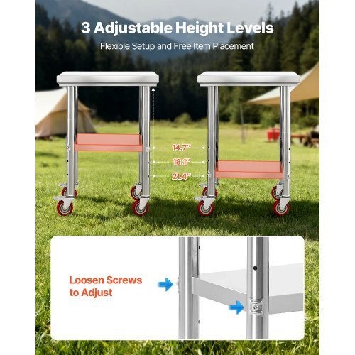 Stainless Steel Table, 24 x 18 Inches Food Prep Worktable with Wheels, Kitchen Prep Table with Adjustable Undershelf Workstations for Commercial Kitchen, Restaurant, Hotel and Garage, Outdoor