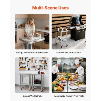 Stainless Steel Table, 24 x 18 Inches Food Prep Worktable with Wheels, Kitchen Prep Table with Adjustable Undershelf Workstations for Commercial Kitchen, Restaurant, Hotel and Garage, Outdoor
