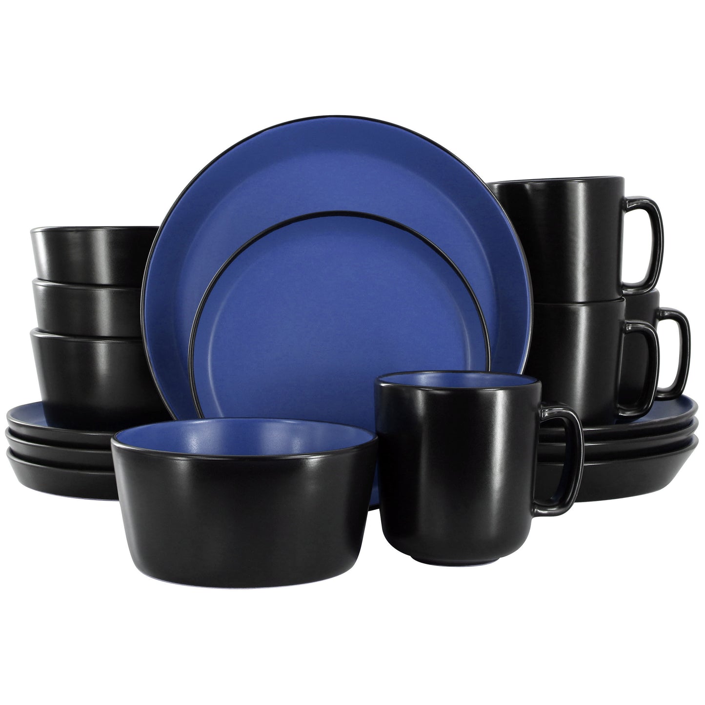 Elama Bacarra 16 Piece Stoneware Dinnerware Set - Two Tone Black and Blue - Service for 4