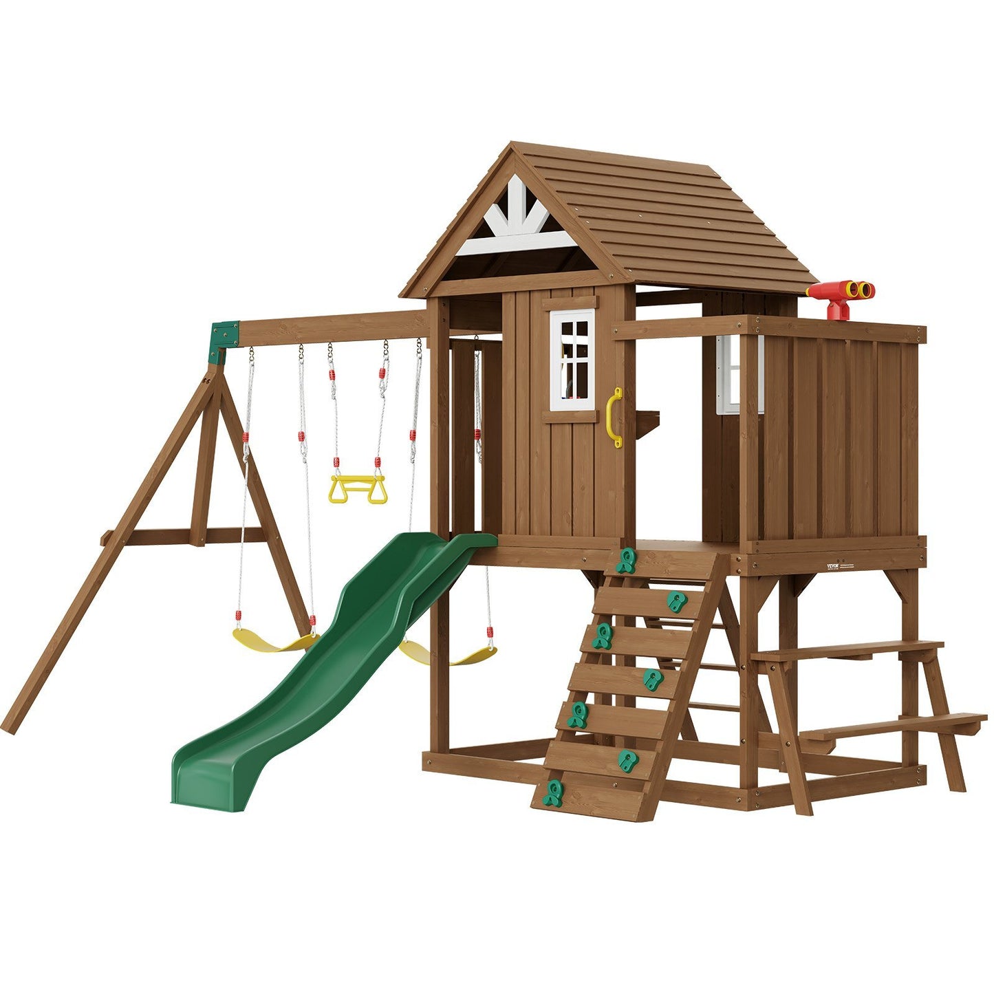 Wooden Swing Set, 9 IN 1 Outdoor Playground Sets for Backyards, 2 Swings, Trapeze Bar, 6 FT Slide, Large Upper Fort with Kitchen Toys, Flat Step Ladder, Rock Wall, Picnic Table, Sandbox