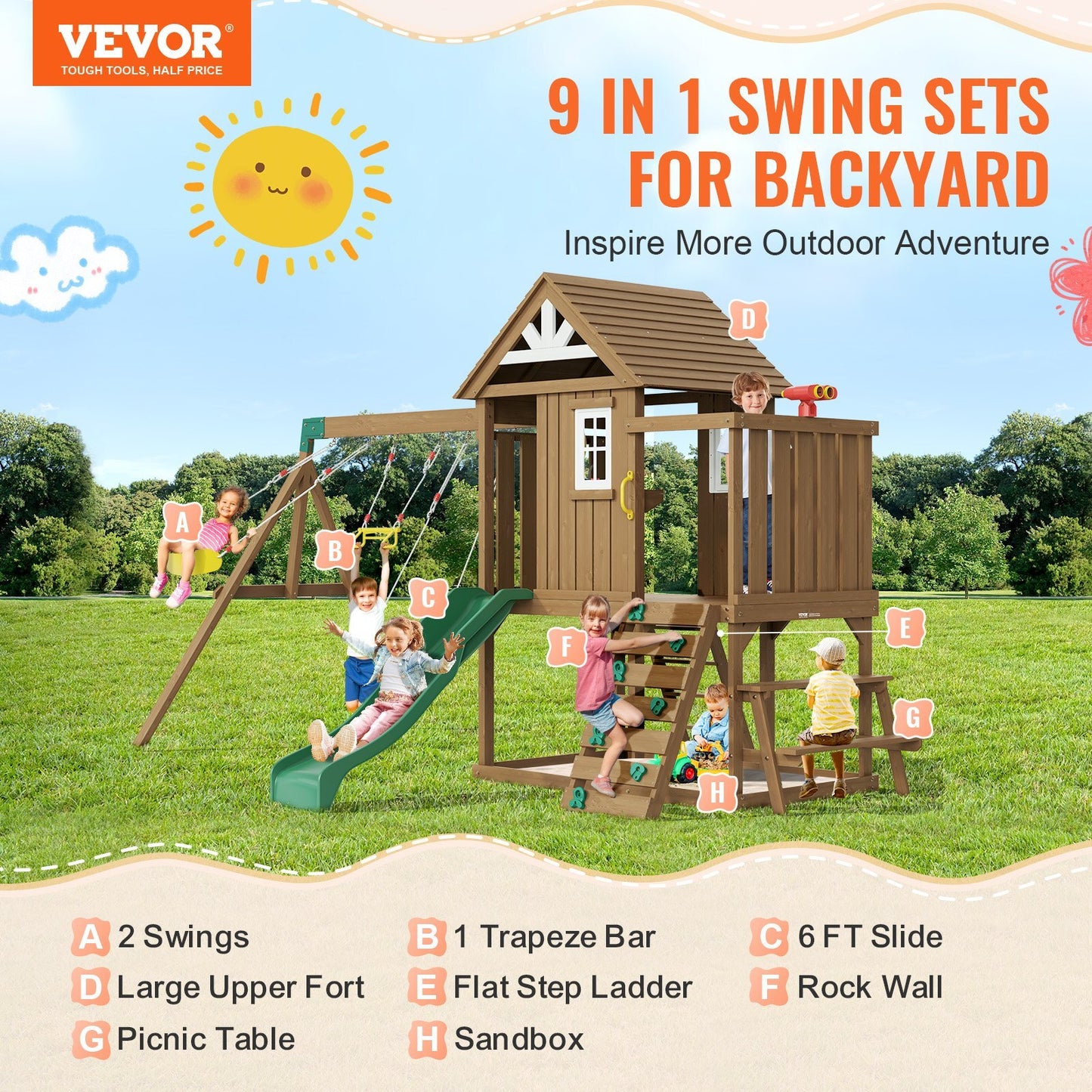 Wooden Swing Set, 9 IN 1 Outdoor Playground Sets for Backyards, 2 Swings, Trapeze Bar, 6 FT Slide, Large Upper Fort with Kitchen Toys, Flat Step Ladder, Rock Wall, Picnic Table, Sandbox