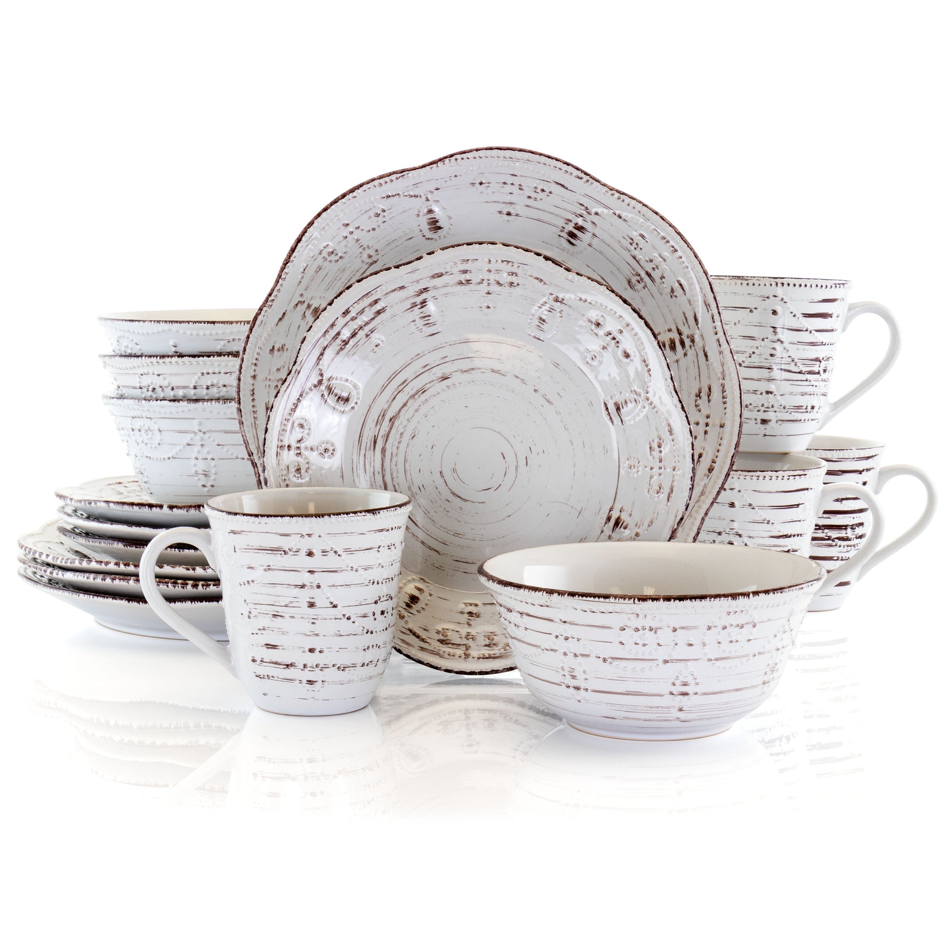 Elama Rustic Birch 16 Piece Stoneware round Dinnerware Set