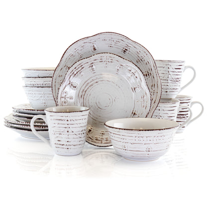 Elama Rustic Birch 16 Piece Stoneware round Dinnerware Set