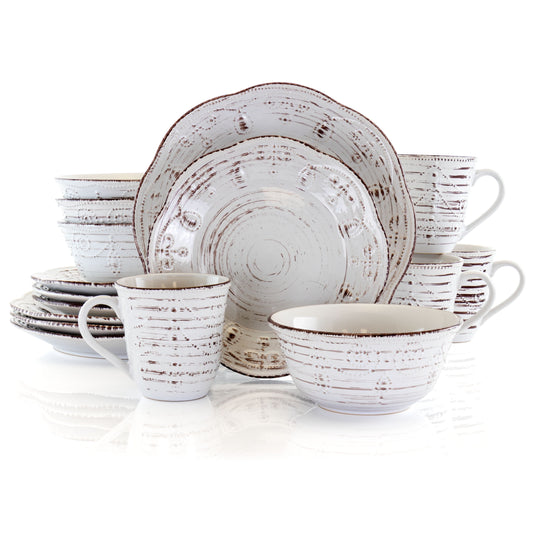 Elama Rustic Birch 16 Piece Stoneware round Dinnerware Set