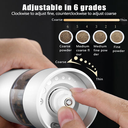 Stainless Steel Usb Rechargeable Electric Pepper Grinder, Led Warm Color Lights 6 Adjustable Thickness, One-button Control Grinding Tool Simple white
