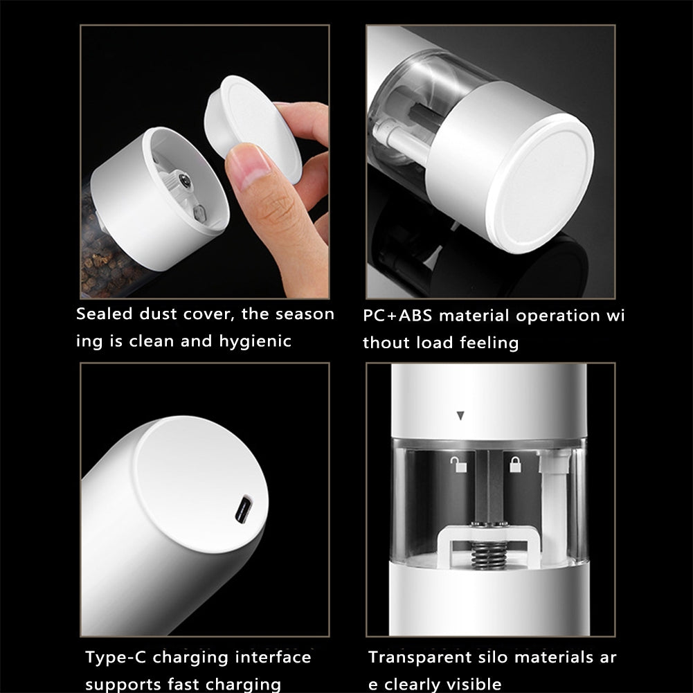 Stainless Steel Usb Rechargeable Electric Pepper Grinder, Led Warm Color Lights 6 Adjustable Thickness, One-button Control Grinding Tool Simple white