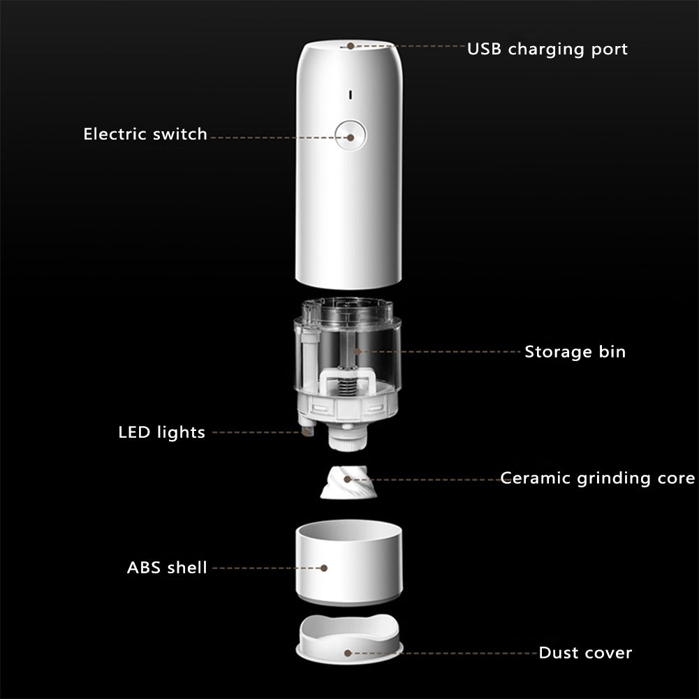 Stainless Steel Usb Rechargeable Electric Pepper Grinder, Led Warm Color Lights 6 Adjustable Thickness, One-button Control Grinding Tool Simple white