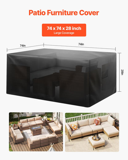 Patio Furniture Cover, 420D Heavy Duty Waterproof Outdoor Dining Table and Chairs Cover, Large Squre Patio Table Covers with Air Vent for All Weather, 74L x 74W x 28H inch, Black